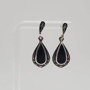 Vintage Dee Berkley Jewelry DBJ Black Onyx Sterling Marcasite Drop Earrings